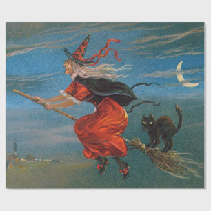 Papel De Presente Bruxa Voando com Gato Preto na Noite de Halloween