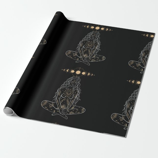 Papel De Presente bruxaria bruxa-bruxa oculta ouro negro wiccan (Desenrolado)