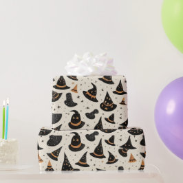 Papel De Presente Bruxas Pretas e Douradas Estrelas Creme Halloween