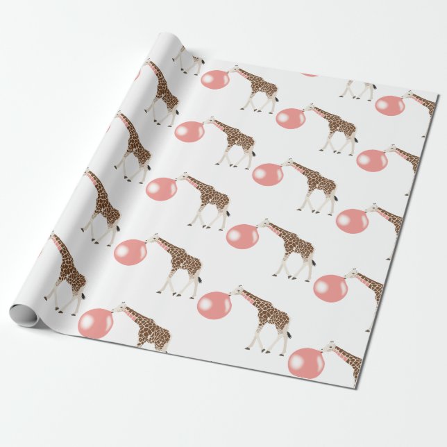 Papel De Presente Bubble Gum Giraffe Soprando Bolha (Desenrolado)