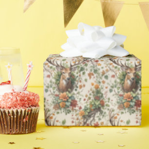 Papel De Presente Buck Deer Em Flores De Outono