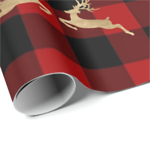 Papel De Presente Buffalo Xadrez Lomberjack Dourado Reinadeer Red Ma