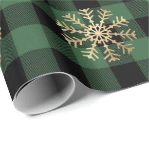 Papel De Presente Buffalo Xadrez Lomberjack Dourado Snowflake Green