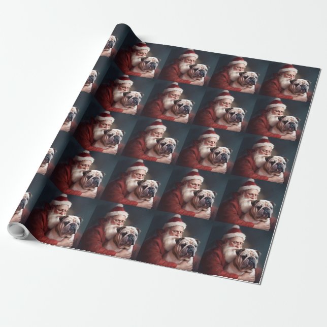 Papel De Presente Buldogue com Papai Noel Natal Festivo (Desenrolado)