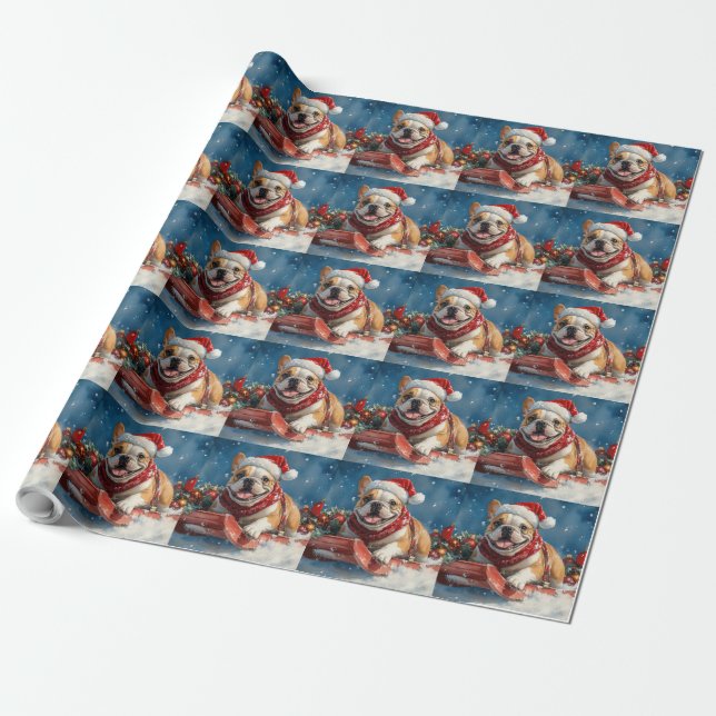 Papel De Presente Buldogue em Sledge Deixe-o nevar Natal (Desenrolado)