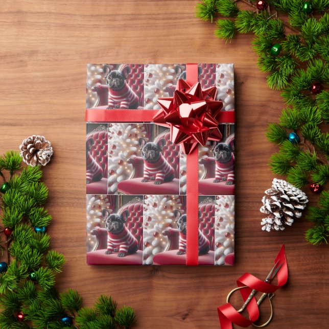 Papel De Presente Buldogue Francês De Natal Na Cadeira Vermelha (Presente de Natal)