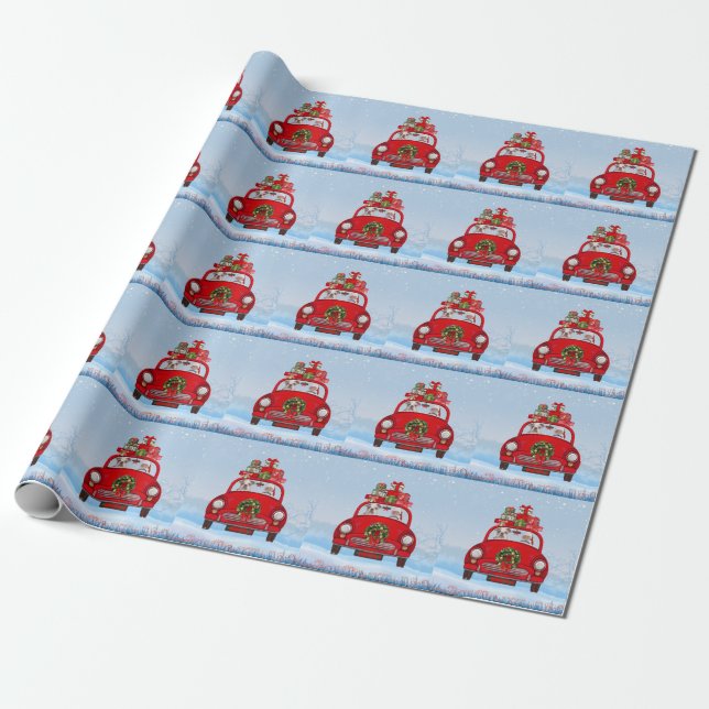 Papel De Presente Buldogue Inglês No Carro Com Papai Noel (Desenrolado)