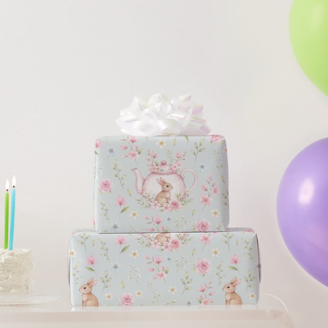 Papel De Presente Bule de Chá Coelho Caprichoso Floral  (Presentes para festas)