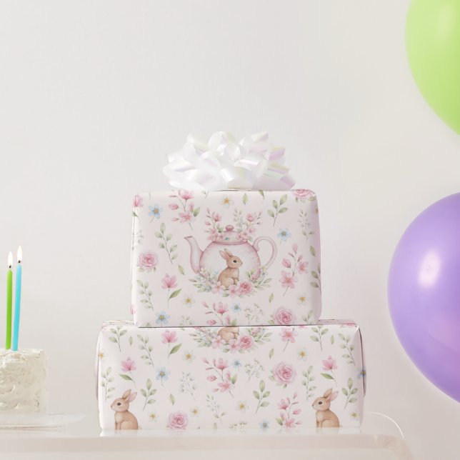 Papel De Presente Bule de ChÃ¡ Coelho Caprichoso Floral  (Presentes para festas)