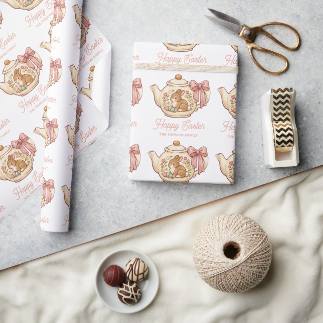Papel De Presente Bule de Chá Coelho de Páscoa Personalizado Floral  (Artesanato)