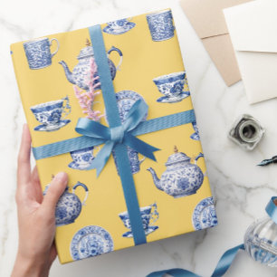 Papel De Presente Bule de chá em estilo chinês azul vintage para qua