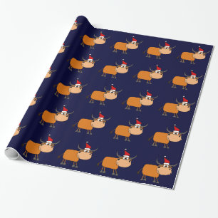 Papel De Presente Bull engraçada no design do Natal do chapéu do