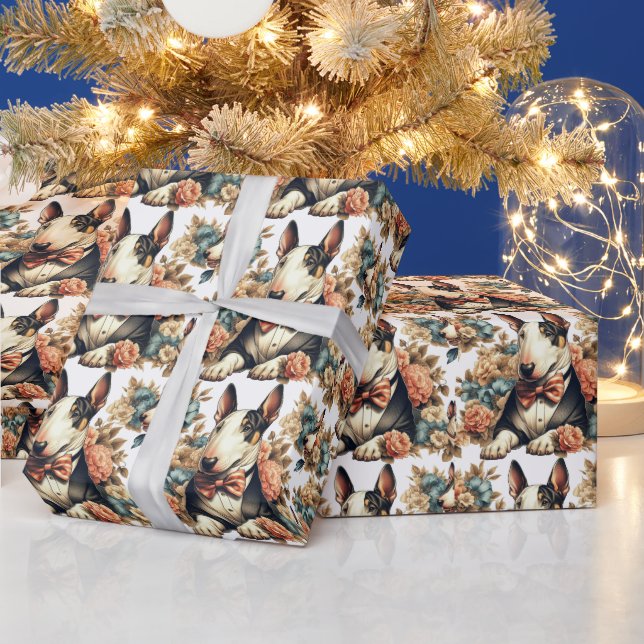 Papel De Presente Bull Floral Terrier, de cor branca retrô (Feriados)