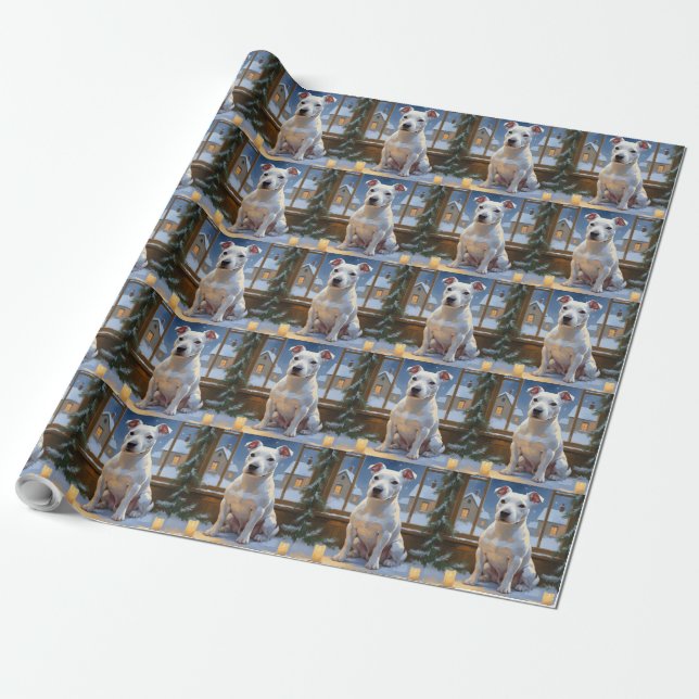 Papel De Presente Bull Terrier com Luzes de Natal Feriado (Desenrolado)