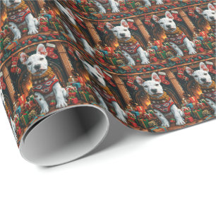 Papel De Presente Bull Terrier com Presentes de Natal Lareira