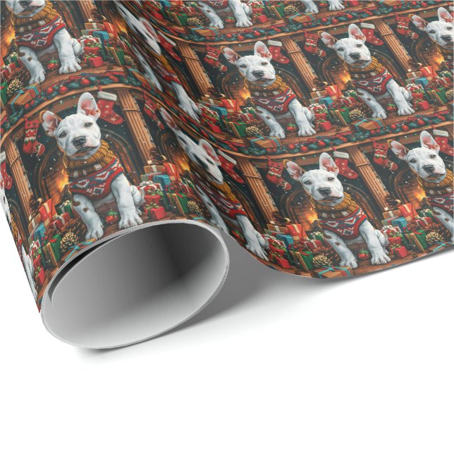 Papel De Presente Bull Terrier com Presentes de Natal Lareira (Ponta do rolo)