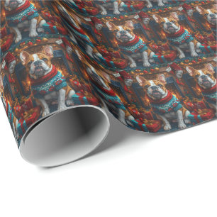 Papel De Presente Bulldog com Presentes de Natal Lareira