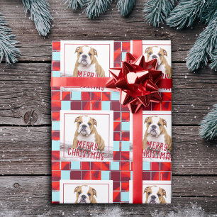 Papel De Presente Bulldog com Xadrez Vermelho Foto Natal Feliz