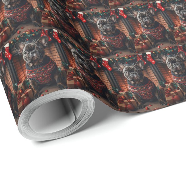 Papel De Presente Bulldog Francês com Lareira de presentes de Natal (Ponta do rolo)