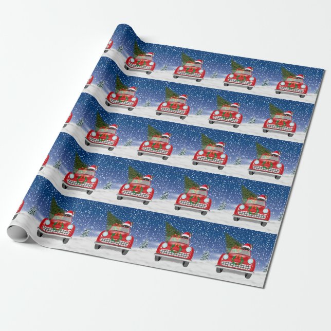 Papel De Presente Bulldog Francês Dirigindo Carro Na Neve Natal (Desenrolado)