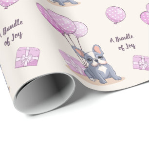 Papel De Presente Bulldog Francês em Balão Rosa Chá de Bebê Menina
