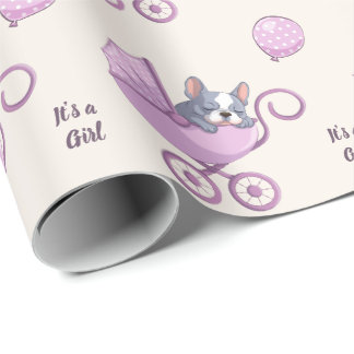 Papel De Presente Bulldog Francês no Carrinho de Bebê Rosa Chuvinha