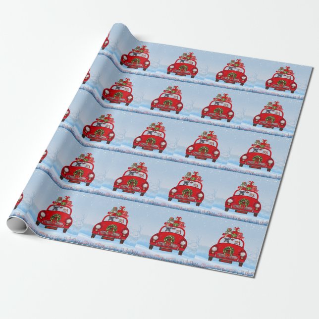 Papel De Presente Bulldog Francês No Carro Com Papai Noel  (Desenrolado)