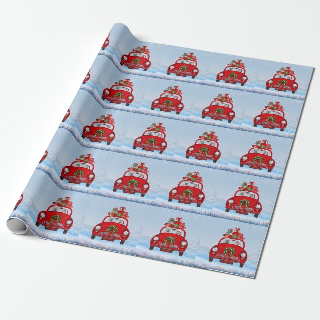 Papel De Presente Bulldog Francês No Carro Com Papai Noel  (Desenrolado)