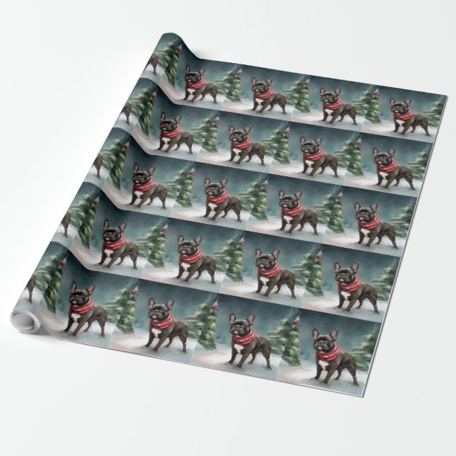 Papel De Presente Bulldog Francês no Natal da Neve (Desenrolado)