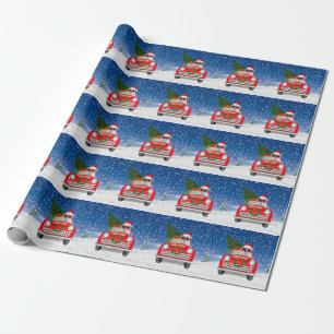 Papel De Presente Bulldog Inglês Dirigindo Carro na Neve Natal