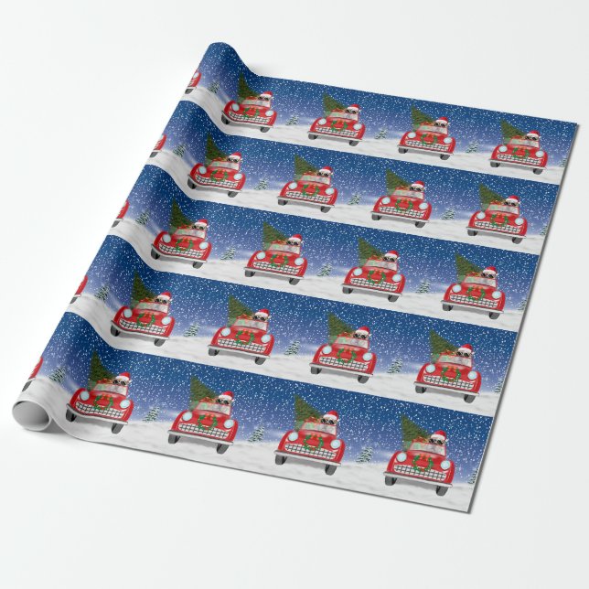 Papel De Presente Bulldog Inglês Dirigindo Carro na Neve Natal (Desenrolado)