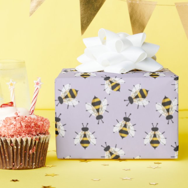 Papel De Presente Bumble Bee ilustrada com rusticidade púrpura Lilac (Festa de aniversário)