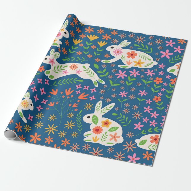 Papel De Presente Bunnies brancos com flores coloridas (Desenrolado)