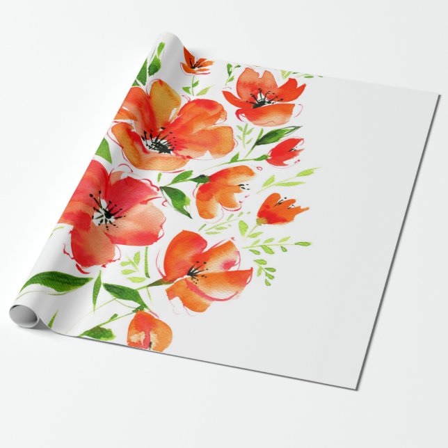 Papel De Presente Buquê de aquarelas de flores de papoila ornamentai (Desenrolado)