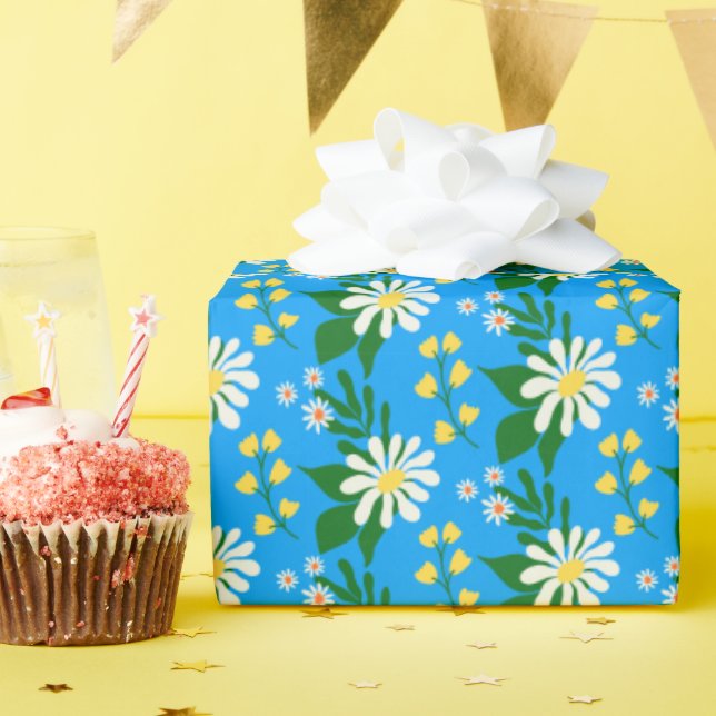 Papel De Presente Buquê de Flor de Verão em Azul (Festa de aniversário)