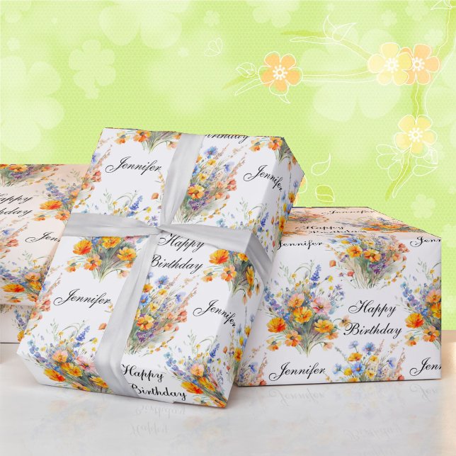 Papel De Presente Buquê de Flores Adicione Nome Aniversário (Criador carregado)