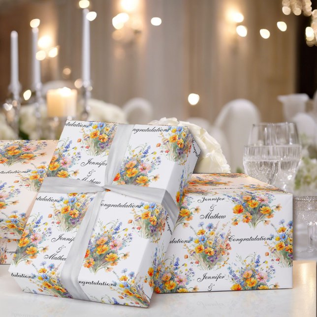 Papel De Presente Buquê de Flores de Casamento Personalizar Nomes Fo (Criador carregado)