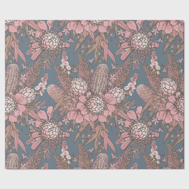Papel De Presente Buquê de Flores Rosa Selvagem - Protea & Grevillea (Barra)