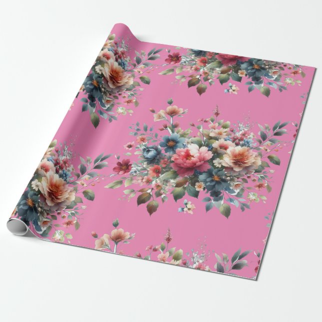 Papel De Presente Buquê de flores silvestres azuis e rosas elegantes (Desenrolado)