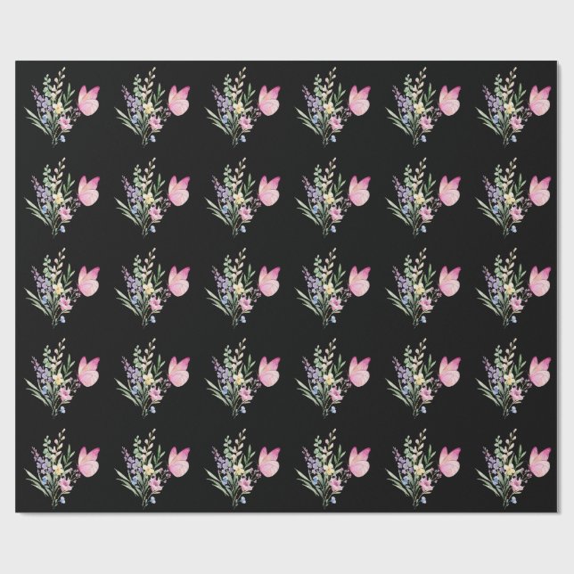 Papel De Presente Buquê de Flores Silvestres em Aquarela com Borbole (Aberto)