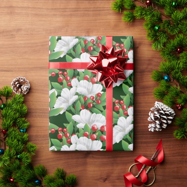 Papel De Presente Buquê de inverno Vermelho Branco Verde Floral | Ve (Presente de Natal)