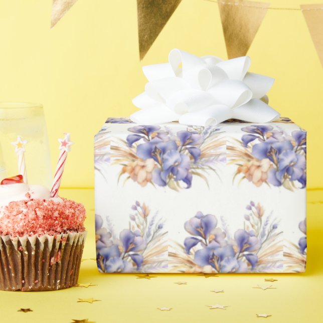 Papel De Presente Buquê de Íris Roxo em Aquarela  (Festa de aniversário)