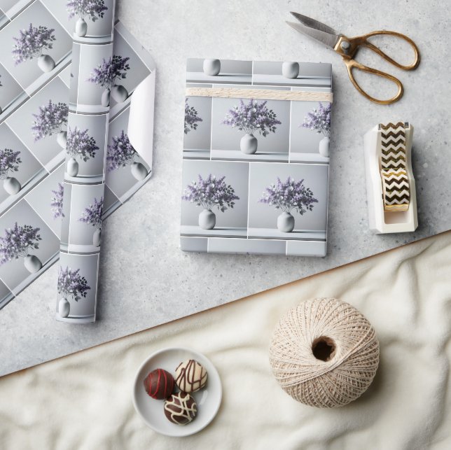 Papel De Presente Buquê de Lilases Roxos e Folhas Prateadas (Artesanato)