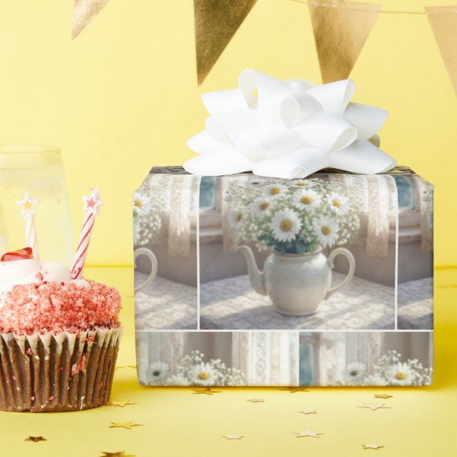 Papel De Presente Buquê de Margaridas em um Bule de Chá Antigo (Festa de aniversário)