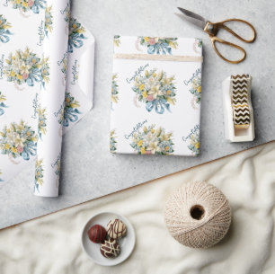 Papel De Presente Buquê de Noiva com Lírios Brancos e Fita Azul