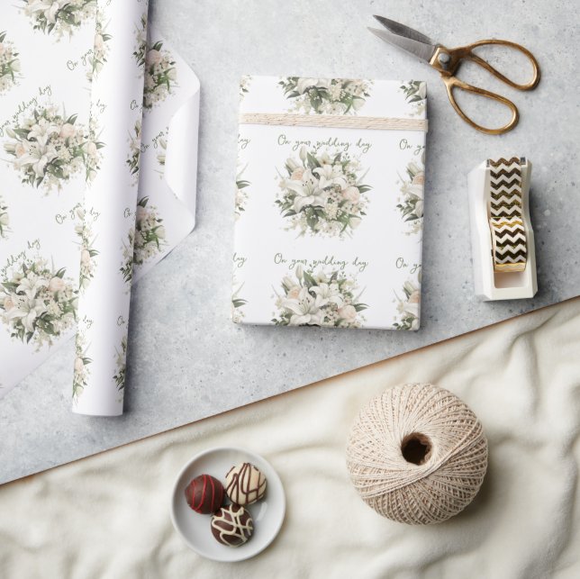 Papel De Presente Buquê de Noiva de Lírios Brancos e Folhas Verdes (Artesanato)
