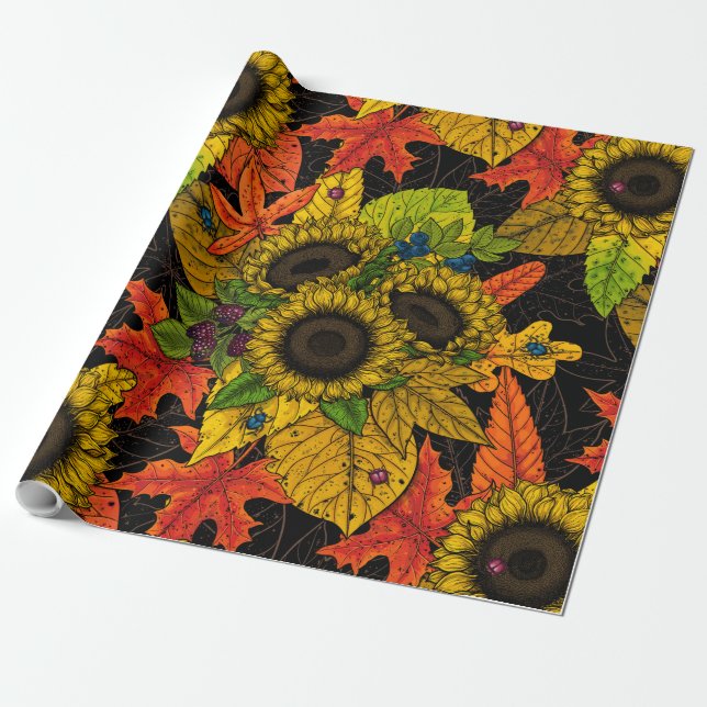Papel De Presente Buquê de outono a preto (Desenrolado)