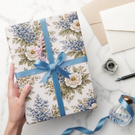 Papel De Presente Buquê Floral Azul Marfim Antigo