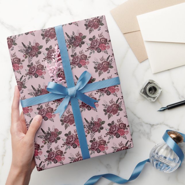 Papel De Presente Buquê Floral Borgonha a Rosa-Cinza (Presentear)