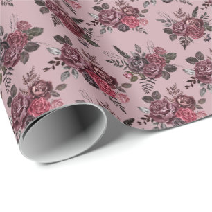 Papel De Presente Buquê Floral Borgonha a Rosa Cinza Dusta